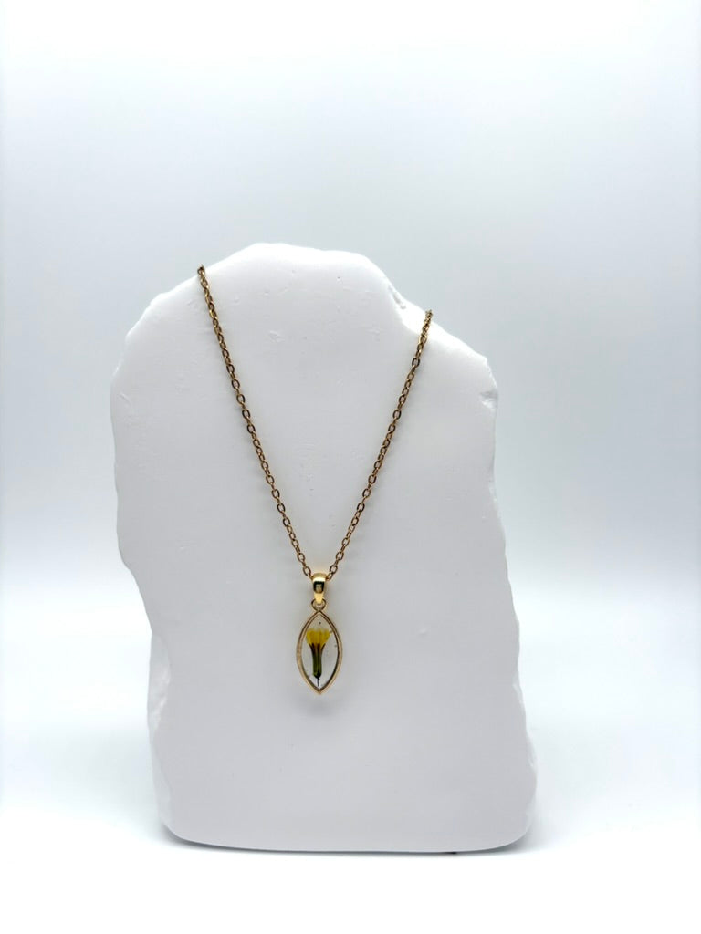 Goldkette mit Großer Knorpellattich in Augenform, getragen, filigranes Design mit Blumenanhänger 
